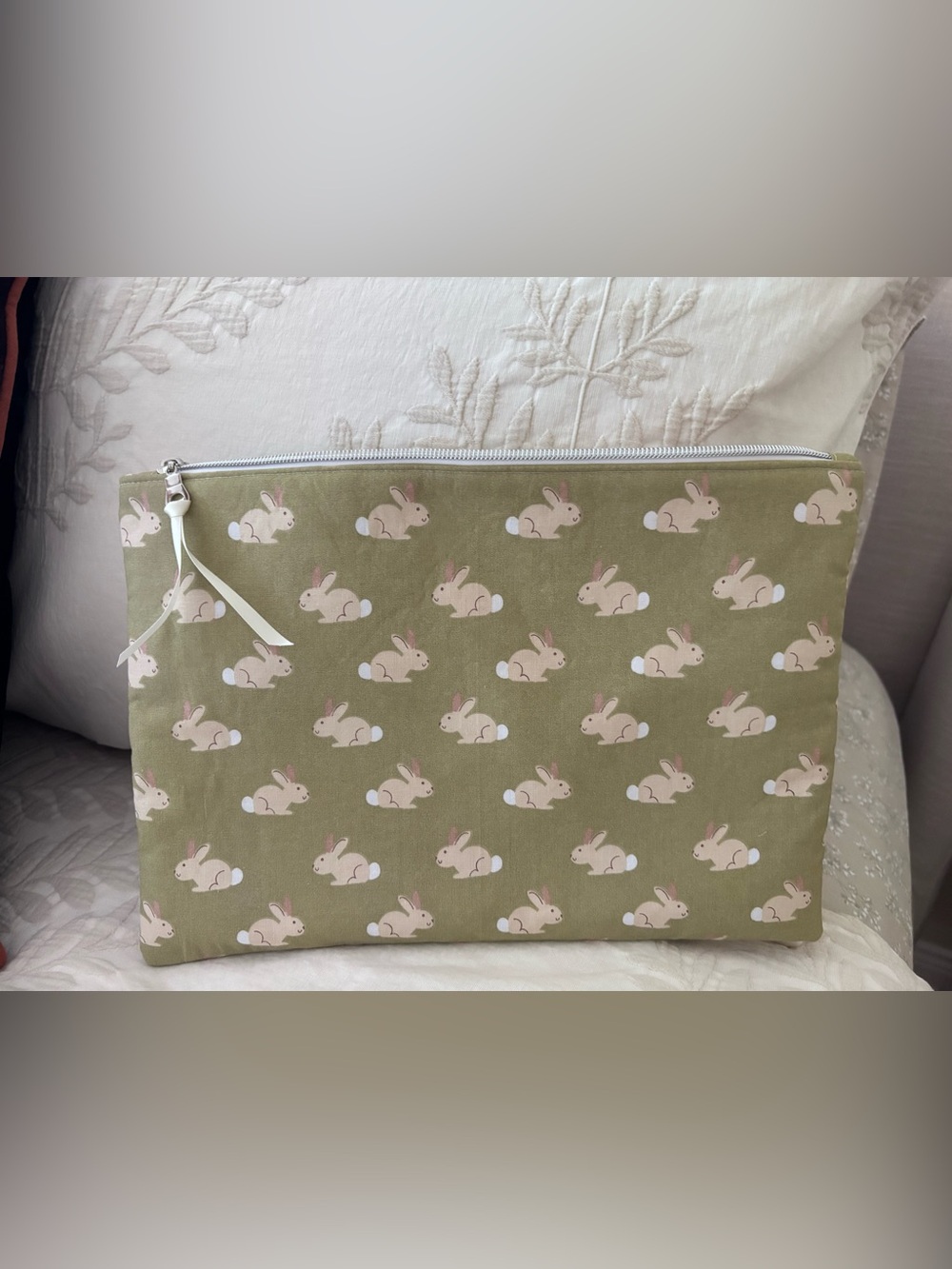 NWT soft green zipper pouch bunny pattern